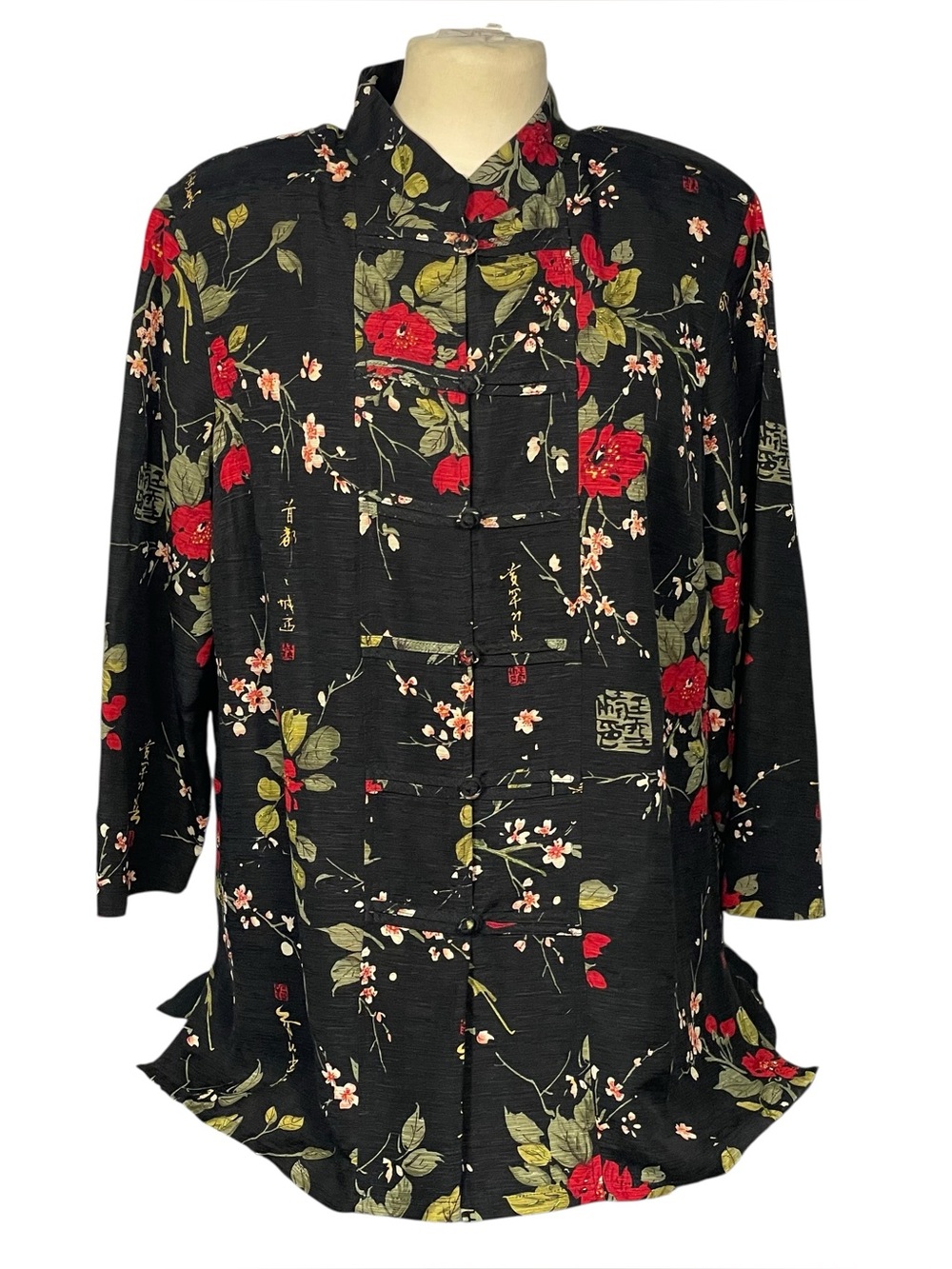 Silkland Vintage 100% Silk Black Floral Oriental Mandarin Collar Tunic Jacket 1X